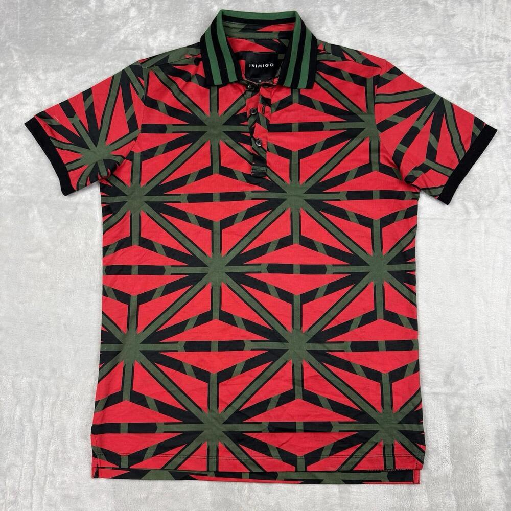 INIMIGO Cotton Polo Shirt Red Green Geometric Pattern Men’s Small Casual Preppy